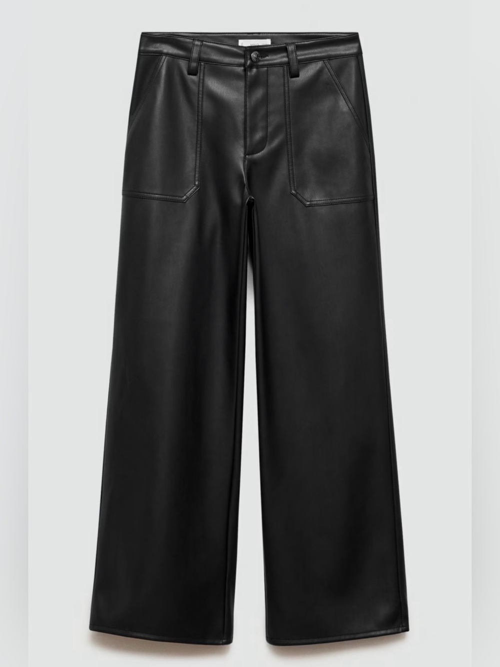 Womens Black Faux Leather Flat Front High Waist Wide Leg Leather Trouser Pants